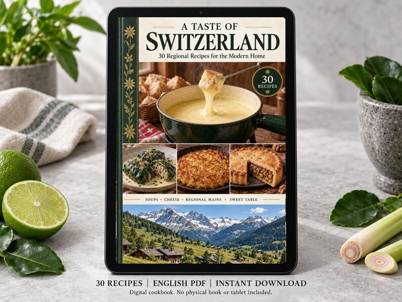 Digital cookbook mockup displaying the actual A Taste of Switzerland cover. English PDF download only; no tablet or physical book included.