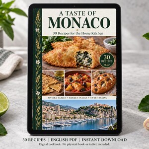 Digital cookbook mockup displaying the actual A Taste of Monaco cover. English PDF download only; no tablet or physical book included.