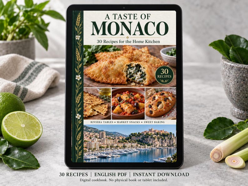 Digital cookbook mockup displaying the actual A Taste of Monaco cover. English PDF download only; no tablet or physical book included.