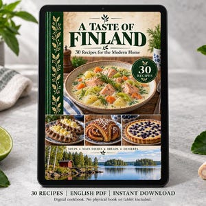 Digital cookbook mockup displaying the actual A Taste of Finland cover. English PDF download only; no tablet or physical book included.