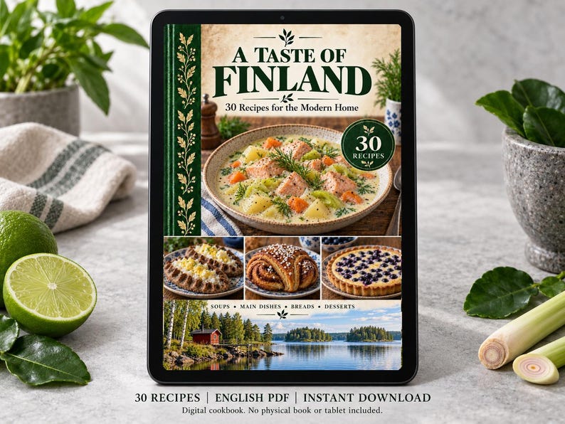 Digital cookbook mockup displaying the actual A Taste of Finland cover. English PDF download only; no tablet or physical book included.