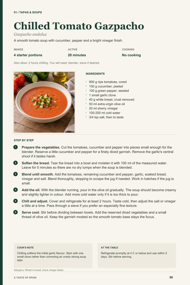 Actual PDF page 6 from A Taste of Spain: Chilled Tomato Gazpacho recipe page.