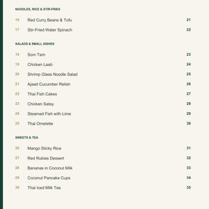 Actual PDF page 4: A Taste of Thailand contents, salads, small dishes, sweets and tea.