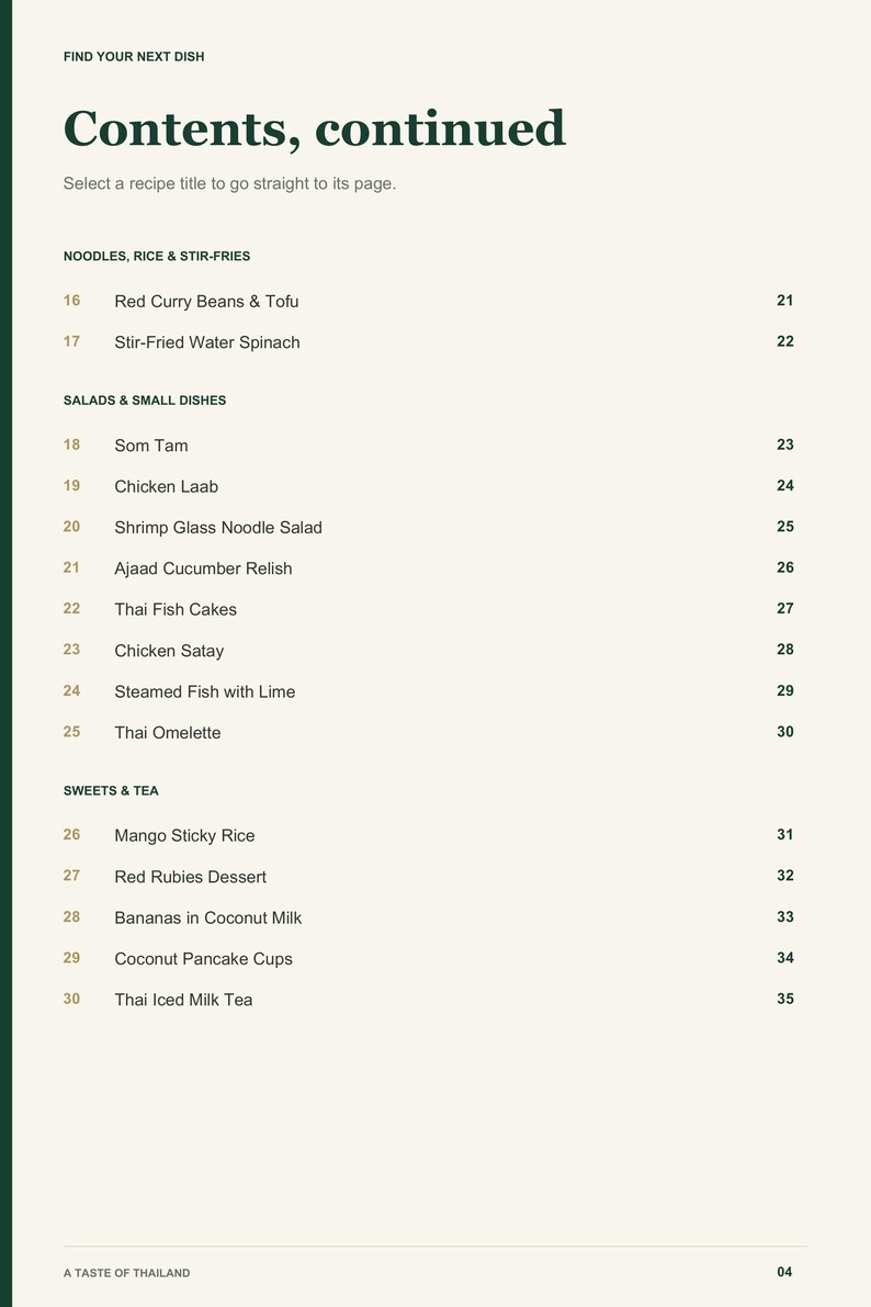 Actual PDF page 4: A Taste of Thailand contents, salads, small dishes, sweets and tea.