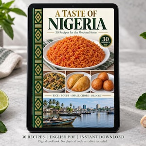 Digital cookbook mockup displaying the actual A Taste of Nigeria cover. English PDF download only; no tablet or physical book included.