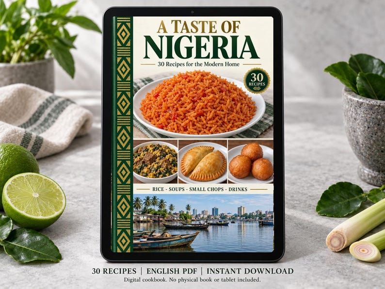 Digital cookbook mockup displaying the actual A Taste of Nigeria cover. English PDF download only; no tablet or physical book included.