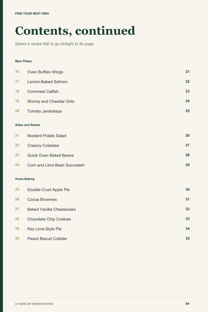 Actual PDF page 4 from A Taste of United States: Contents, page 2.