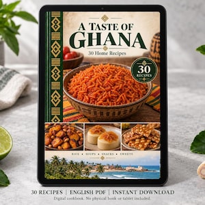 Digital cookbook mockup displaying the actual A Taste of Ghana cover. English PDF download only; no tablet or physical book included.