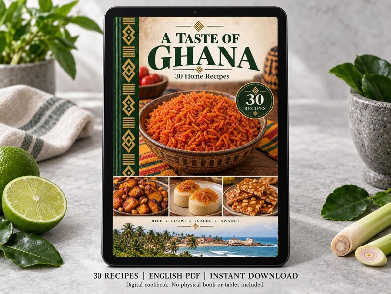 Digital cookbook mockup displaying the actual A Taste of Ghana cover. English PDF download only; no tablet or physical book included.