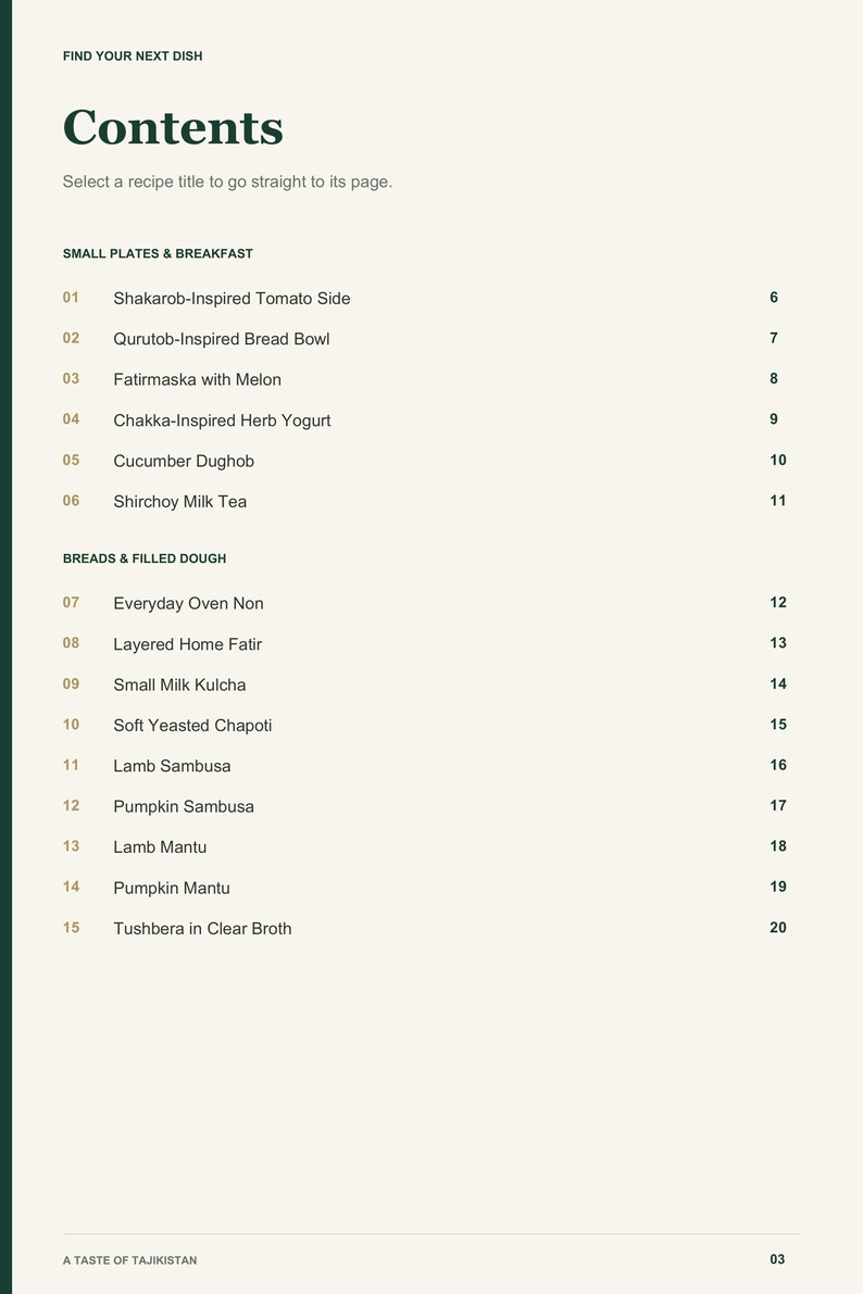Actual PDF page 3 from A Taste of Tajikistan: Contents, page 1.