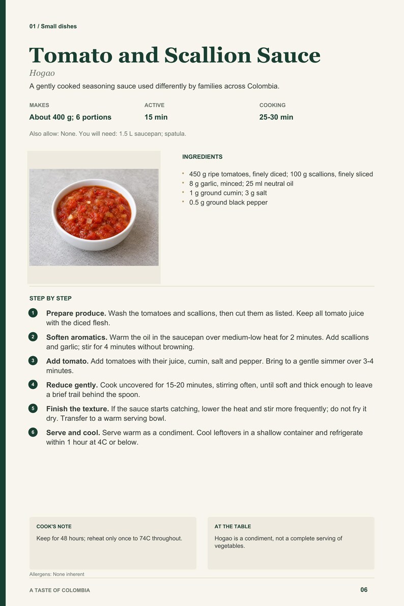 Actual PDF page 6 from A Taste of Colombia: Tomato and Scallion Sauce recipe page.