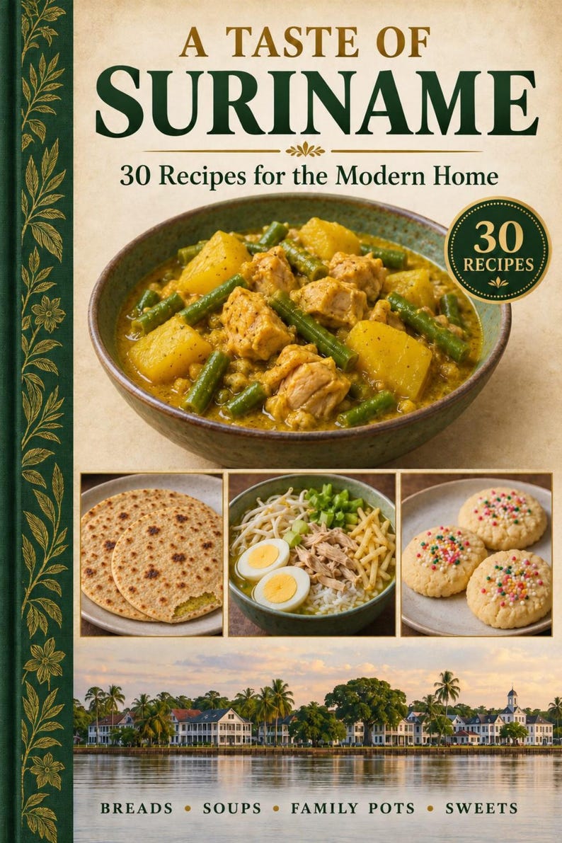Actual cover of the A Taste of Suriname PDF cookbook.