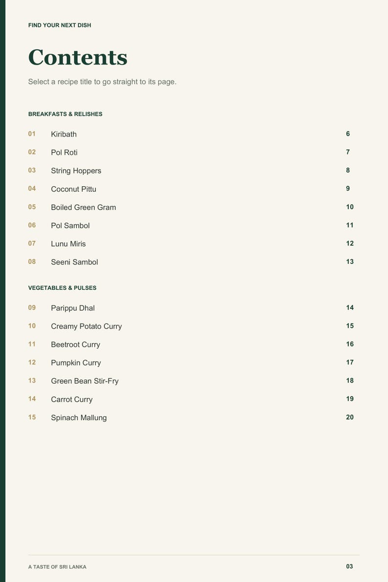 Actual PDF page 3 from A Taste of Sri Lanka: Contents, page 1.