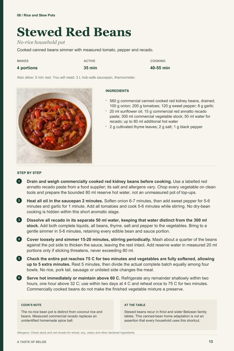 Actual PDF page 13 from A Taste of Belize: Stewed Red Beans recipe page.