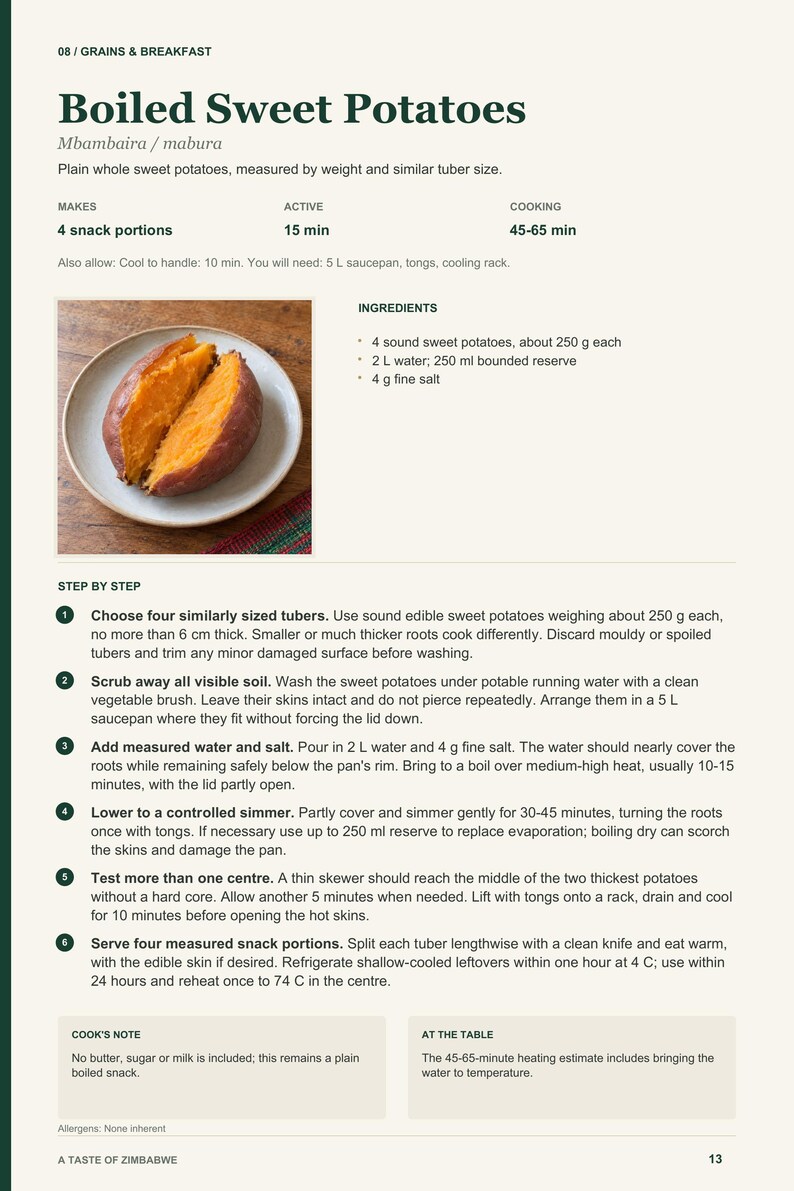 Actual PDF page 13 from A Taste of Zimbabwe: Boiled Sweet Potatoes recipe page.