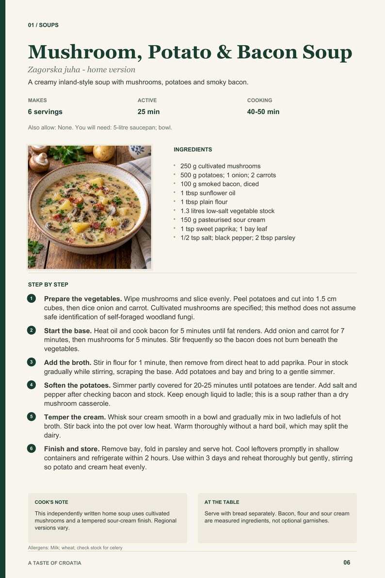 Actual PDF page 6 from A Taste of Croatia: Mushroom, Potato & Bacon Soup recipe page.