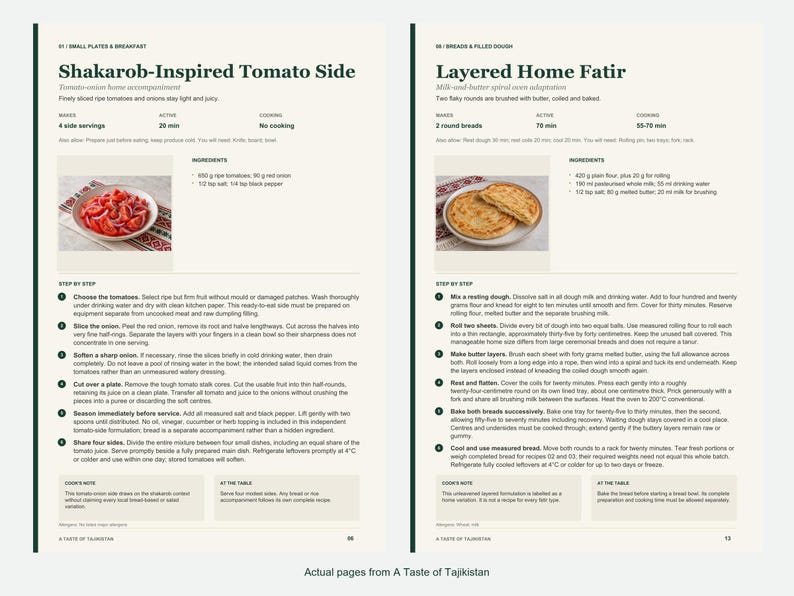 Two actual recipe pages from A Taste of Tajikistan.