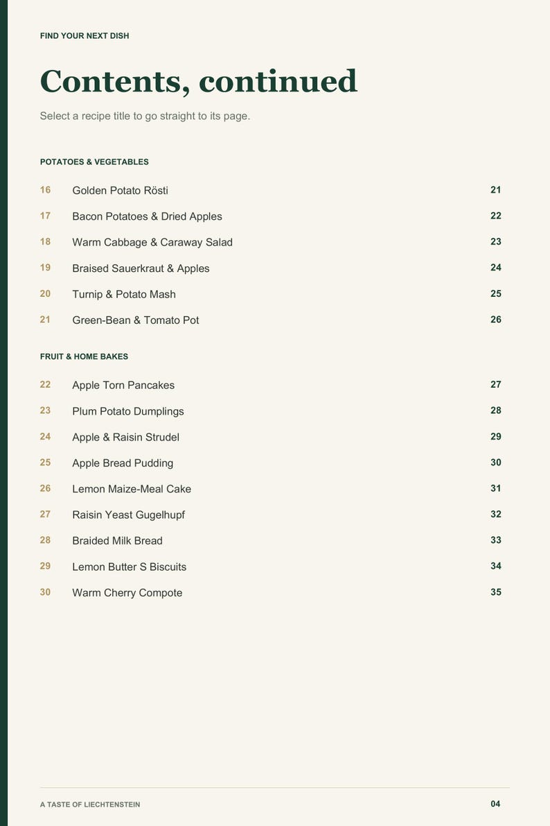 Actual PDF page 4 from A Taste of Liechtenstein: Contents, page 2.