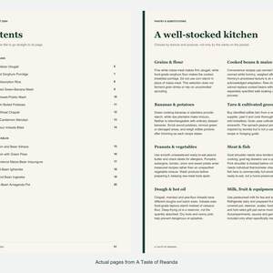 Actual contents and kitchen-notes pages from A Taste of Rwanda.