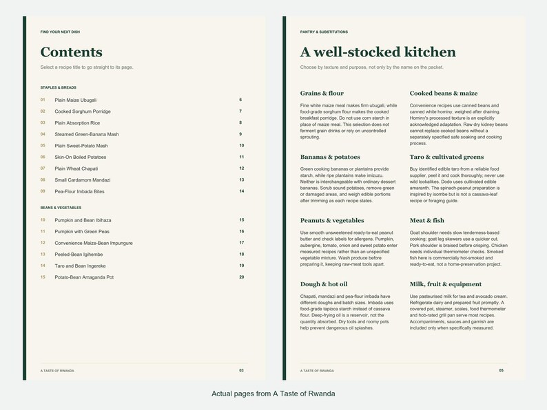 Actual contents and kitchen-notes pages from A Taste of Rwanda.