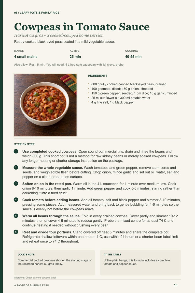 Actual PDF page 13 from A Taste of Burkina Faso: Cowpeas in Tomato Sauce recipe page.