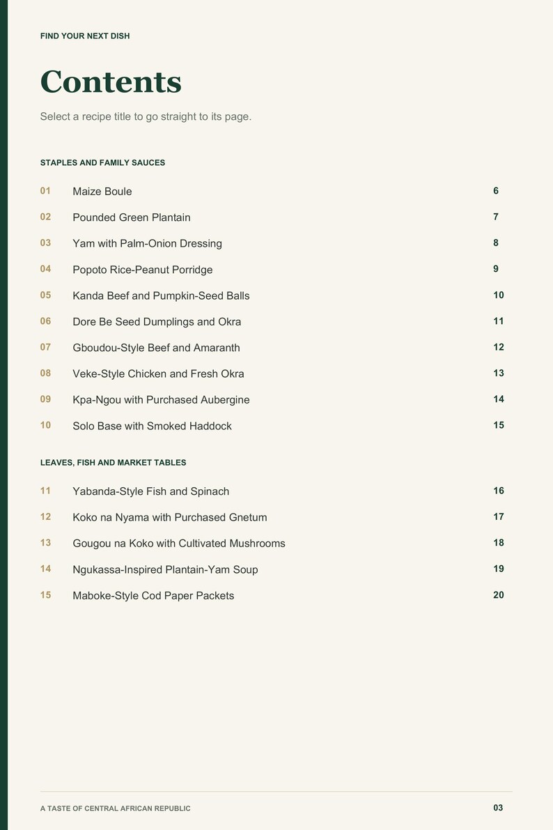 Actual PDF page 3 from A Taste of Central African Republic: Contents, page 1.