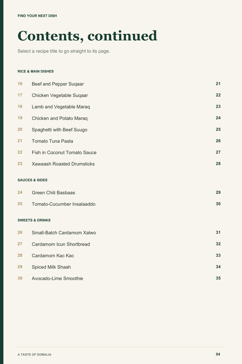 Actual PDF page 4 from A Taste of Somalia: Contents, page 2.