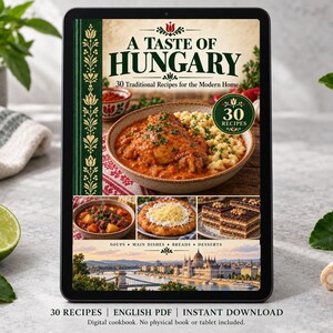 Digital cookbook mockup displaying the actual A Taste of Hungary cover. English PDF download only; no tablet or physical book included.