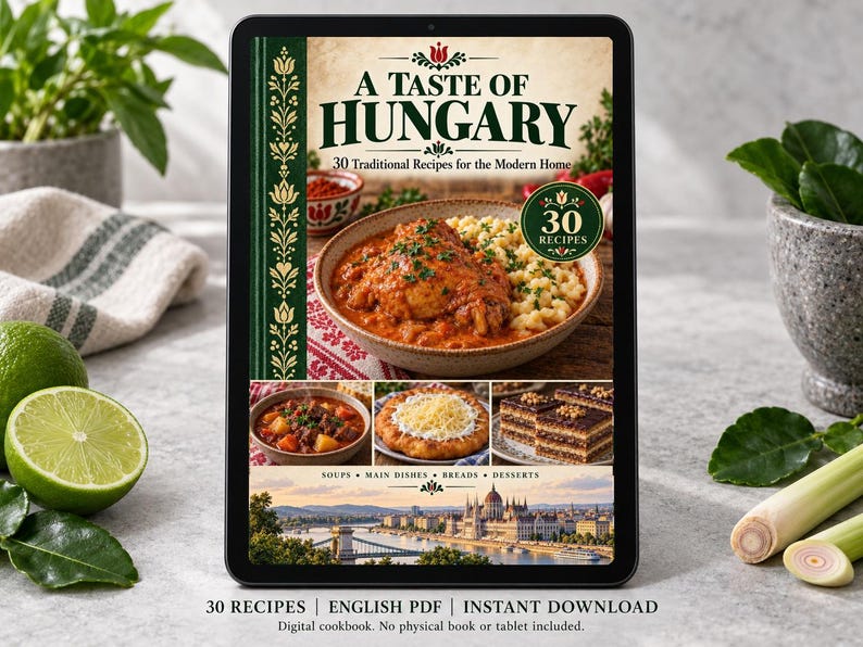 Digital cookbook mockup displaying the actual A Taste of Hungary cover. English PDF download only; no tablet or physical book included.