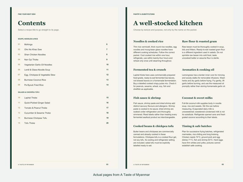 Actual contents and kitchen-notes pages from A Taste of Myanmar.
