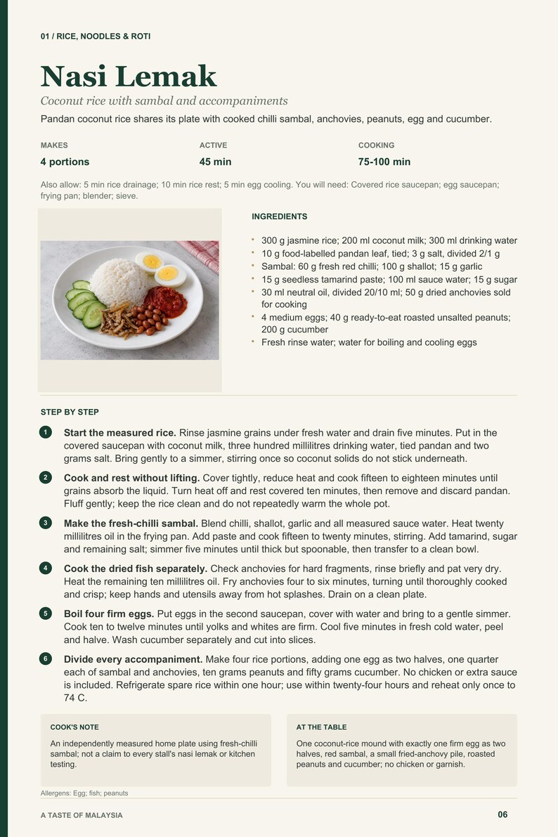 Actual PDF page 6 from A Taste of Malaysia: Nasi Lemak recipe page.