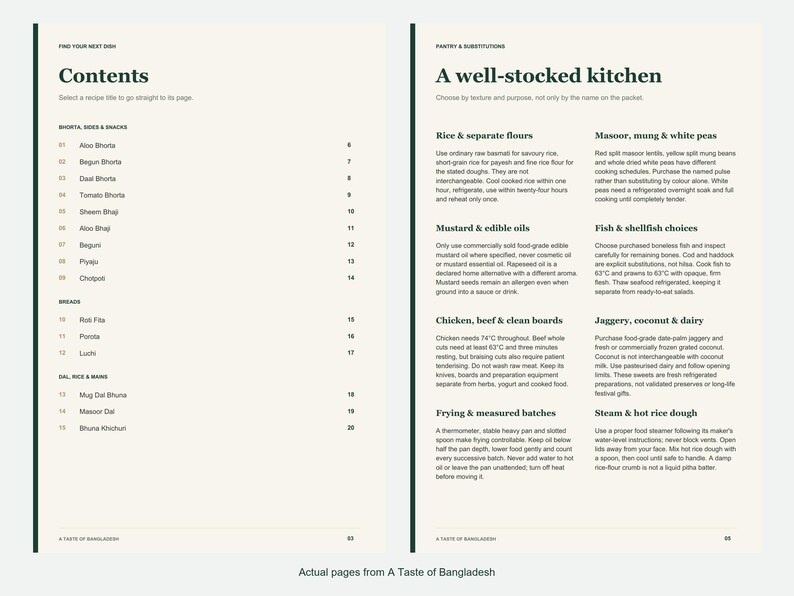 Actual contents and kitchen-notes pages from A Taste of Bangladesh.