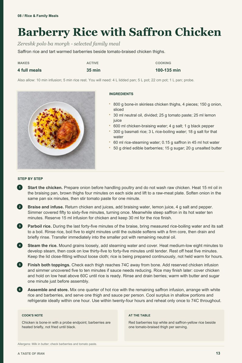Actual PDF page 13 from A Taste of Iran: Barberry Rice with Saffron Chicken recipe page.