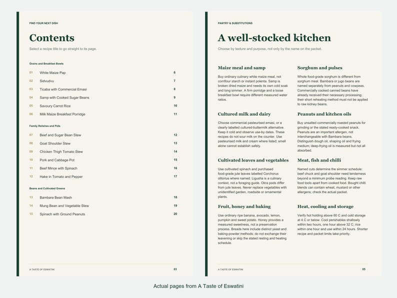 Actual contents and kitchen-notes pages from A Taste of Eswatini.