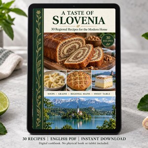 Digital cookbook mockup displaying the actual A Taste of Slovenia cover. English PDF download only; no tablet or physical book included.