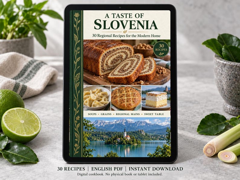 Digital cookbook mockup displaying the actual A Taste of Slovenia cover. English PDF download only; no tablet or physical book included.