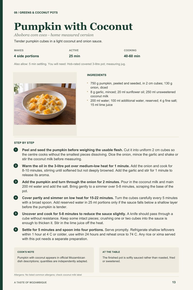 Actual PDF page 13 from A Taste of Mozambique: Pumpkin with Coconut recipe page.
