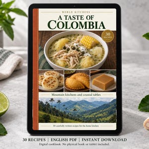 Digital cookbook mockup displaying the actual A Taste of Colombia cover. English PDF download only; no tablet or physical book included.