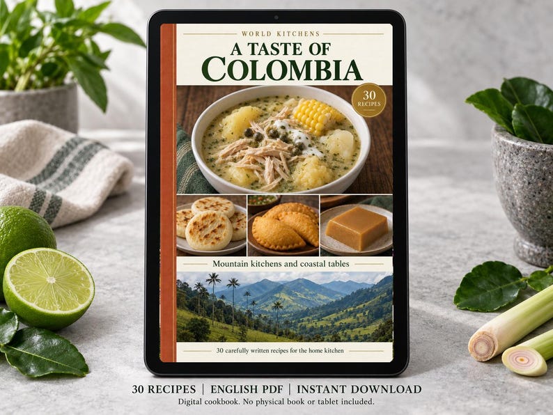 Digital cookbook mockup displaying the actual A Taste of Colombia cover. English PDF download only; no tablet or physical book included.