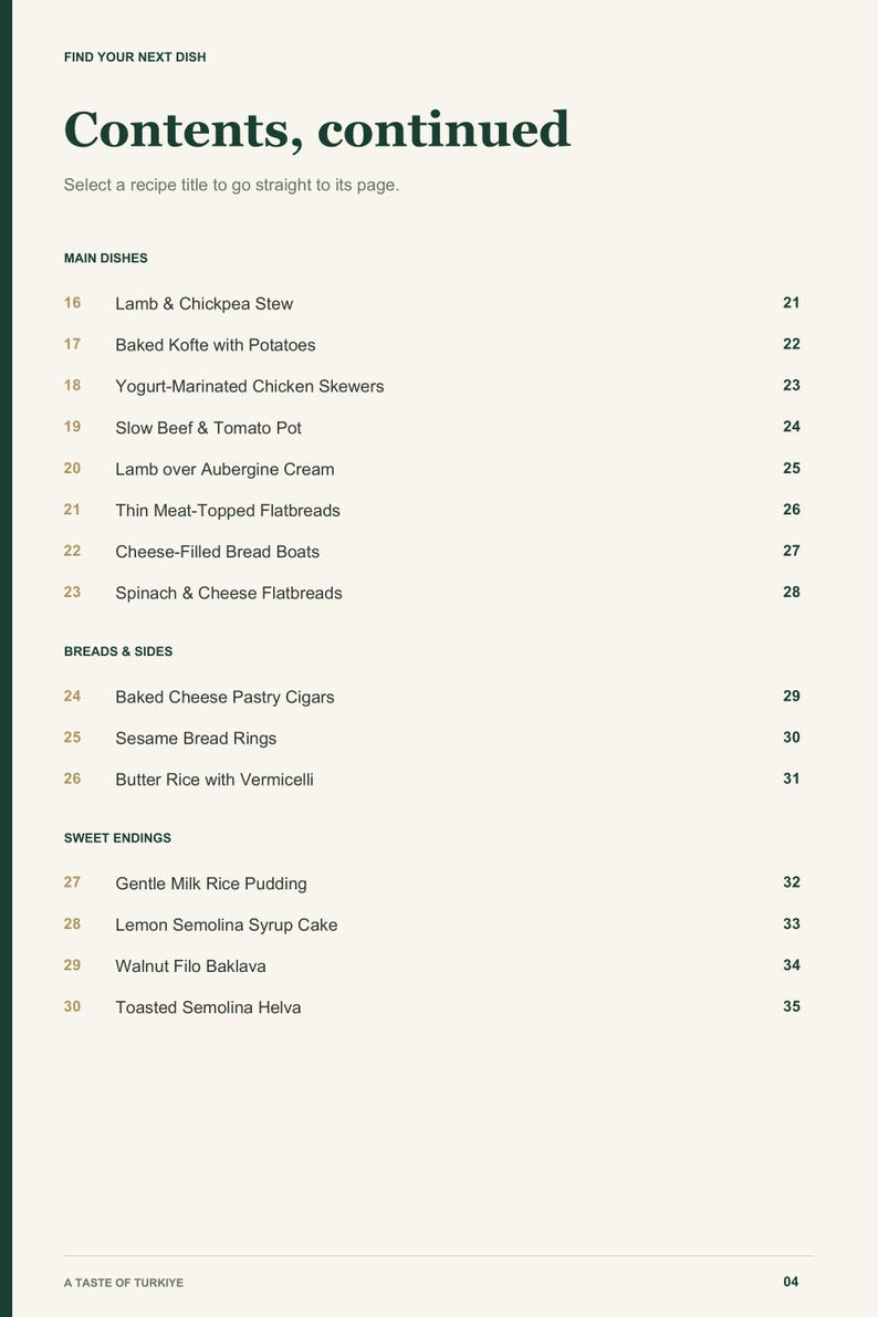 Actual PDF page 4 from A Taste of Turkiye: Contents, page 2.