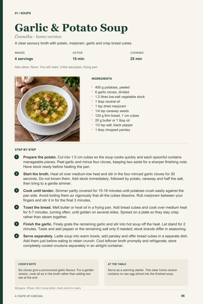 Actual PDF page 6 from A Taste of Czechia: Garlic & Potato Soup recipe page.