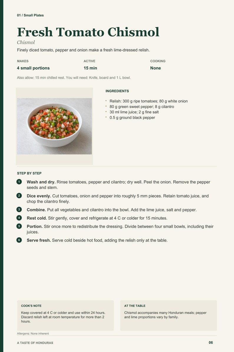 Actual PDF page 6 from A Taste of Honduras: Fresh Tomato Chismol recipe page.
