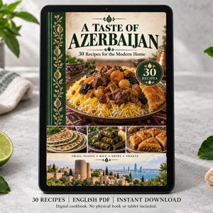 Digital cookbook mockup displaying the actual A Taste of Azerbaijan cover. English PDF download only; no tablet or physical book included.