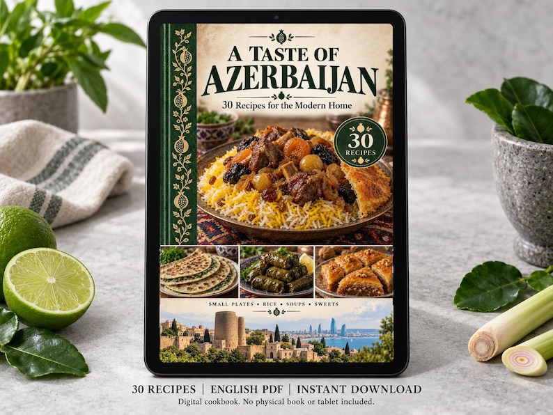 Digital cookbook mockup displaying the actual A Taste of Azerbaijan cover. English PDF download only; no tablet or physical book included.