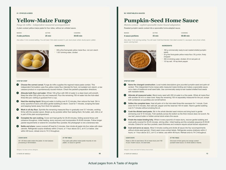 Two actual recipe pages from A Taste of Angola.