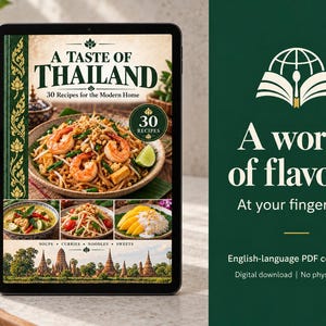 Illustrative tablet mockup displaying the Thailand cookbook cover. Tablet not included; PDF download only.