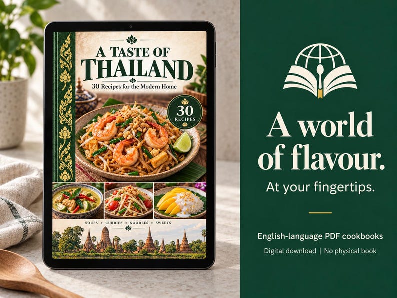 Illustrative tablet mockup displaying the Thailand cookbook cover. Tablet not included; PDF download only.