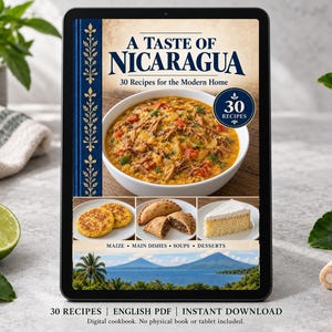 Digital cookbook mockup displaying the actual A Taste of Nicaragua cover. English PDF download only; no tablet or physical book included.