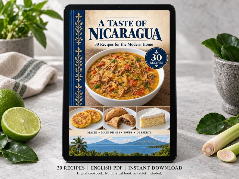 Digital cookbook mockup displaying the actual A Taste of Nicaragua cover. English PDF download only; no tablet or physical book included.