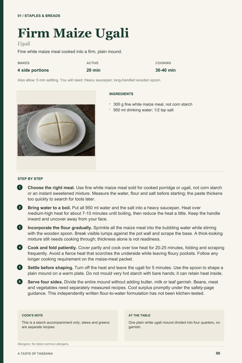 Actual PDF page 6 from A Taste of Tanzania: Firm Maize Ugali recipe page.